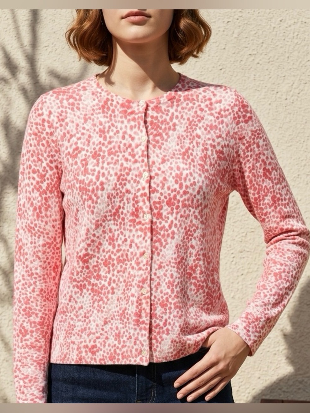 Talbots Cardigan Sweater Button Up Pink Watercolor Dots Teacher Office Spring